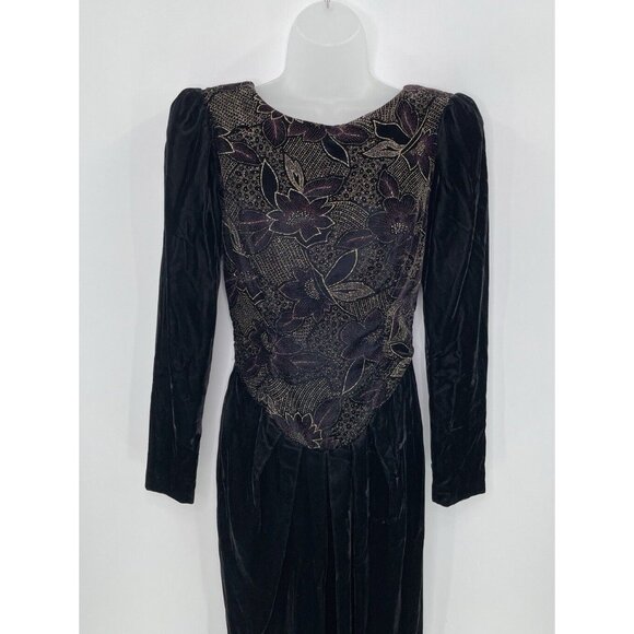 Vtg Jessica McClintock Black Velvet Shimmer Floral Bow Dress Sz 6 Dark Romantic - Picture 6 of 16